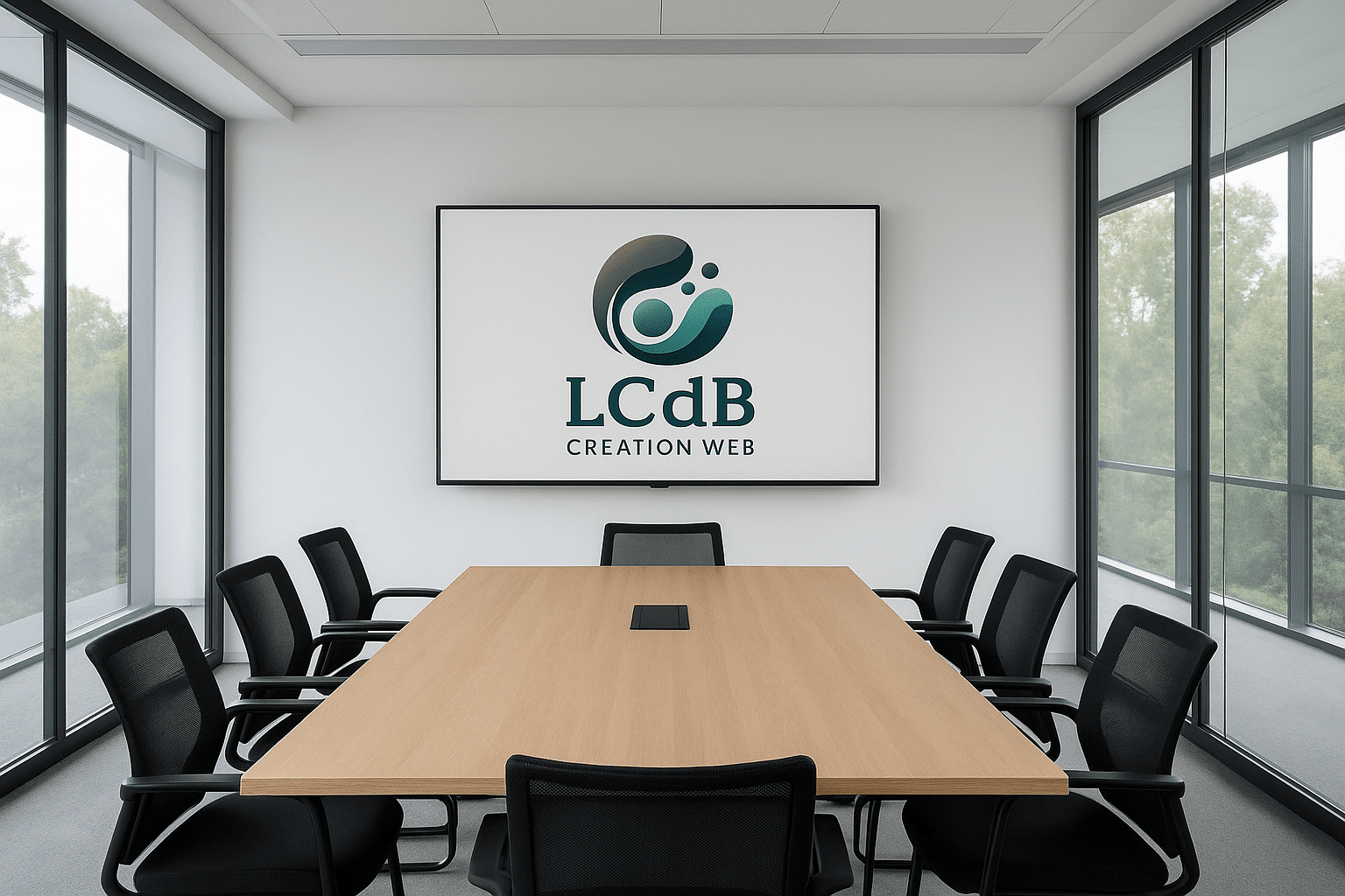 Logo LCdB Création Web affiché sur écran dans une salle de réunion moderne